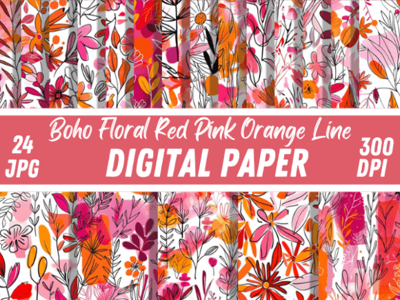 Download Boho Floral Red Pink Orange Line Pattern - Orange Collection